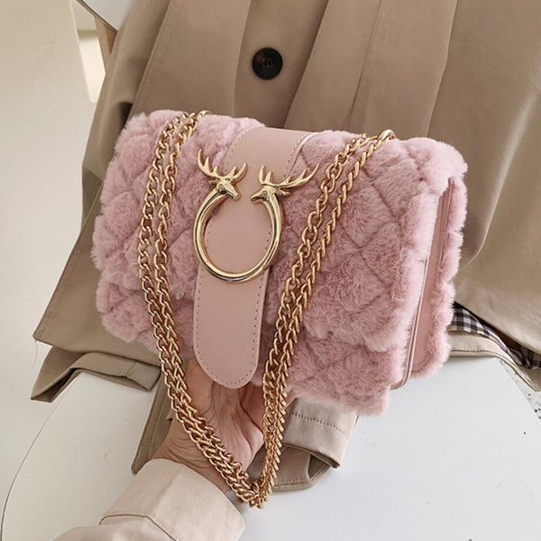 Plaid Soft Plush Messenger Handbag with Gold Chain