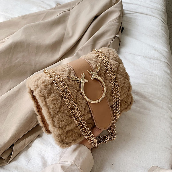 Plaid Soft Plush Messenger Handbag with Gold Chain