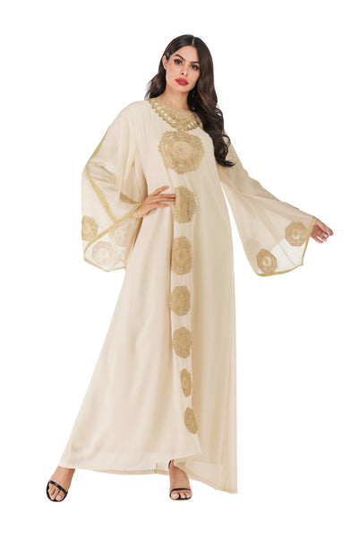 Gold Embroidered Apricot Abaya Robe with Loose Flare Sleeves and Scarf