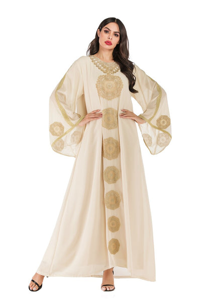 Gold Embroidered Apricot Abaya Robe with Loose Flare Sleeves and Scarf