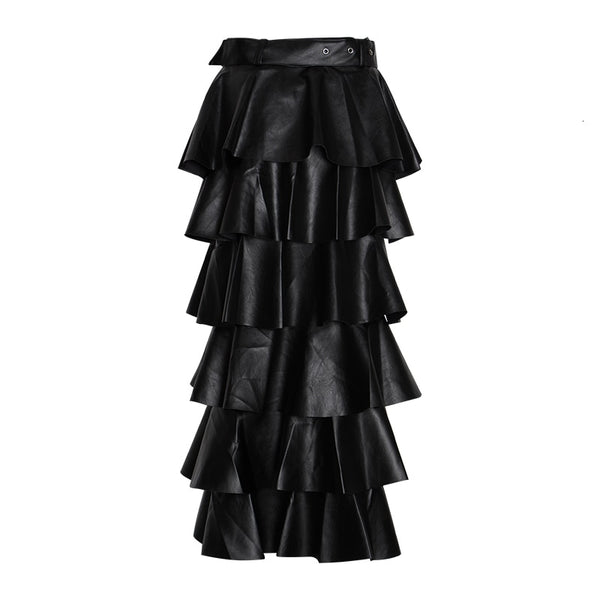 Vegan Leather Long Ruffle Skirt