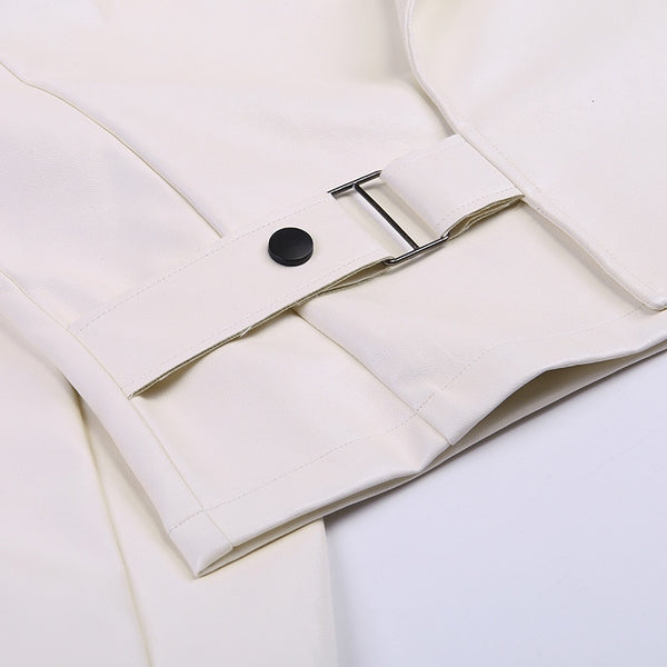 Oversized Turn Down Collar White Vegan Leather Jacket