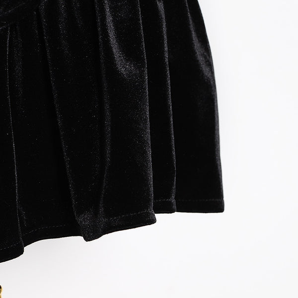 Diamond Detail Black Puff Sleeve Velvet Dress