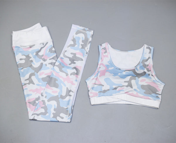 Two Piece Colourful Camouflage Yoga Leggings and Sport Bra Gym Set