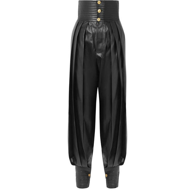 Vegan Leather Ruched Full Length High Waist Trousers