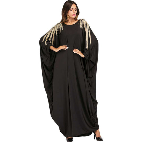 Black Batwing Loose Abaya Style O-Neck Gown with Gold Embellishment Detail