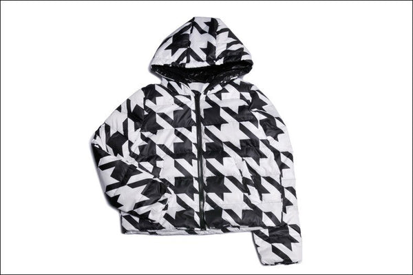 Winter Duck Down Black & White Plaid Hooded Cropped Jacket Coat