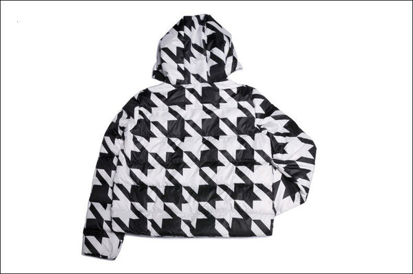Winter Duck Down Black & White Plaid Hooded Cropped Jacket Coat