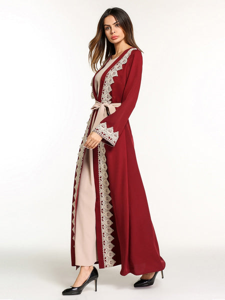 Bright Abaya Robe with Contrast Embroidered Lace detail and Belt