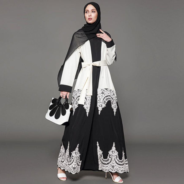 Black and White Fancy Lace Robe Abaya with Belt