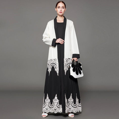Black and White Fancy Lace Robe Abaya with Belt