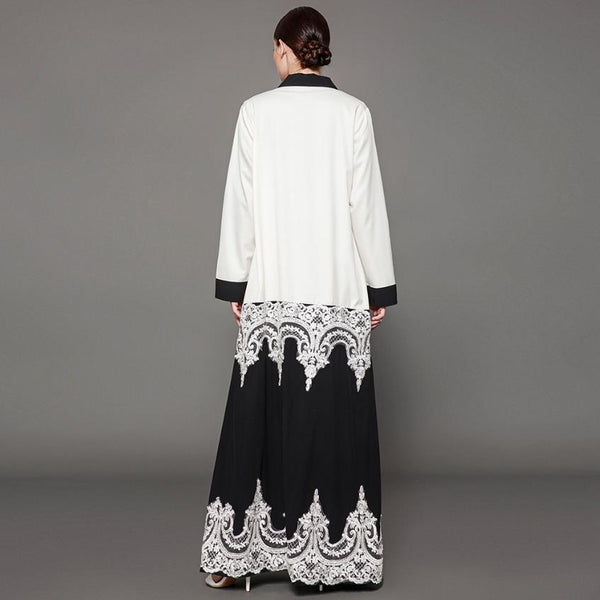 Black and White Fancy Lace Robe Abaya with Belt