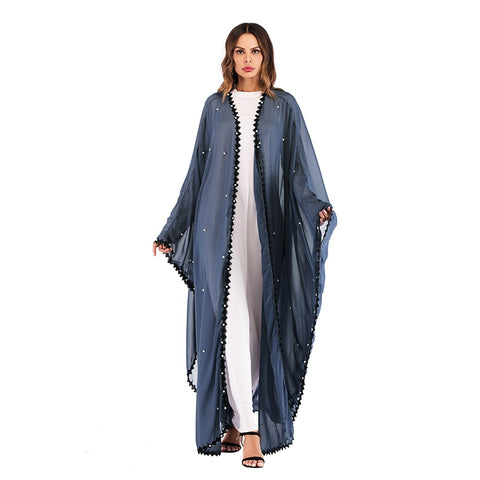 Blue Chiffon Abaya Robe with Pearl Bead Detail and Black Lace Trim