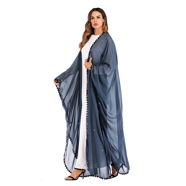 Blue Chiffon Abaya Robe with Pearl Bead Detail and Black Lace Trim