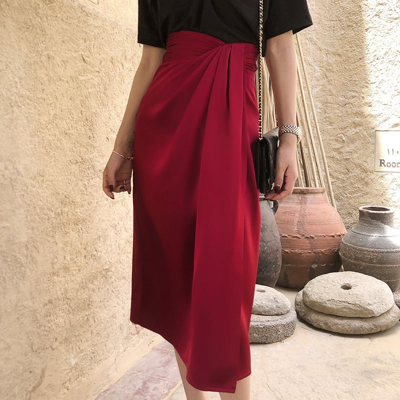 Asymmetrical Ruched Waist High Split Skirt