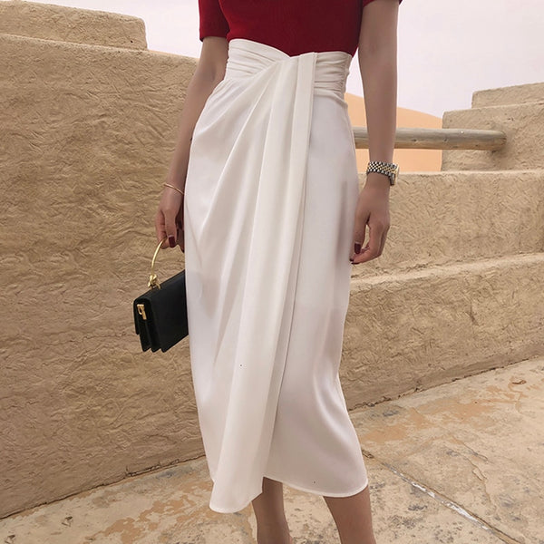 Asymmetrical Ruched Waist High Split Skirt