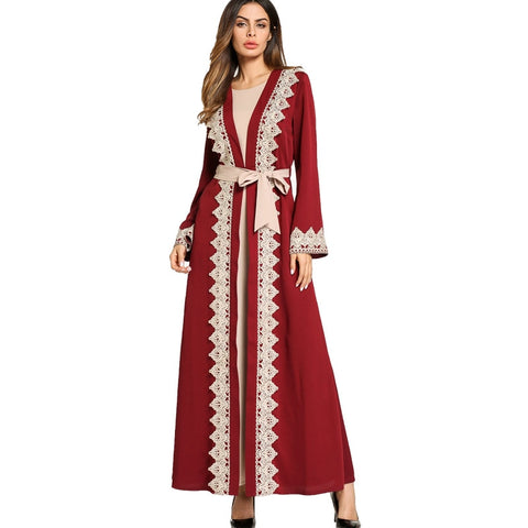 Bright Abaya Robe with Contrast Embroidered Lace detail and Belt