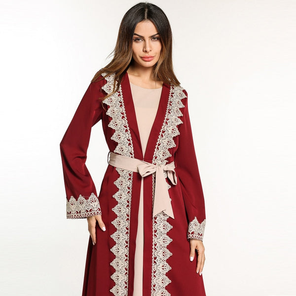 Bright Abaya Robe with Contrast Embroidered Lace detail and Belt