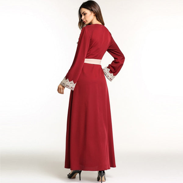 Bright Abaya Robe with Contrast Embroidered Lace detail and Belt