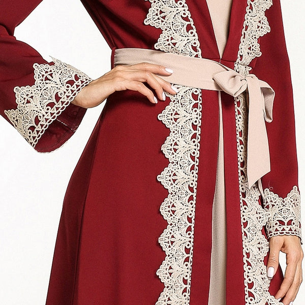 Bright Abaya Robe with Contrast Embroidered Lace detail and Belt