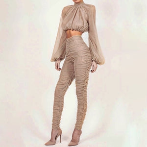 Two Piece Tan Turtleneck Crop Top and Trouser Suits