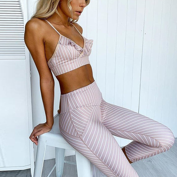 Two Piece Striped Yoga Set with Padded Sports Bra and High Waist Leggings