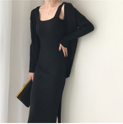 Two Piece Ribbed Knit Midi Dress with Long Sleeve Sweater Robe Cardigan Set