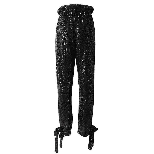 Heavy Sequin High Waisted Bow Bottom Black Trousers