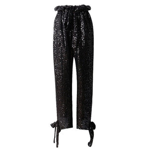 Heavy Sequin High Waisted Bow Bottom Black Trousers