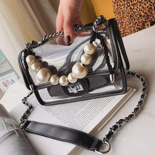 Clear Jelly Flap Handbag With Pearl Straps