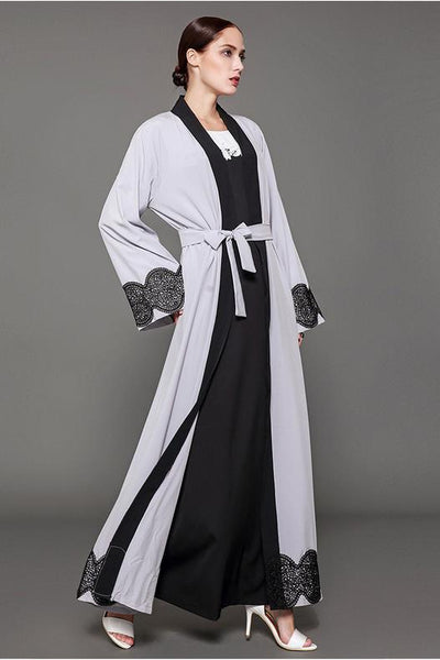 Grey Linen belted Abaya Robe with Black Embroidered detail