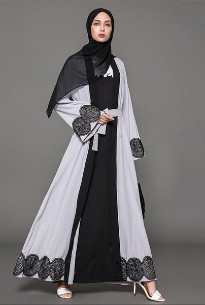 Grey Linen belted Abaya Robe with Black Embroidered detail