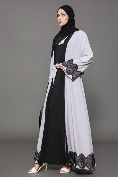 Grey Linen belted Abaya Robe with Black Embroidered detail