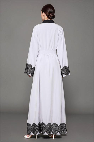 Grey Linen belted Abaya Robe with Black Embroidered detail