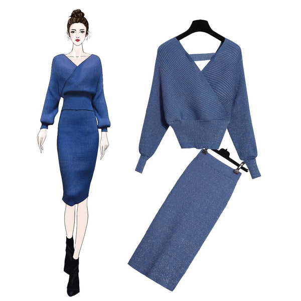Knitted Two Piece V Neck Sweater and Skirt Suit Set